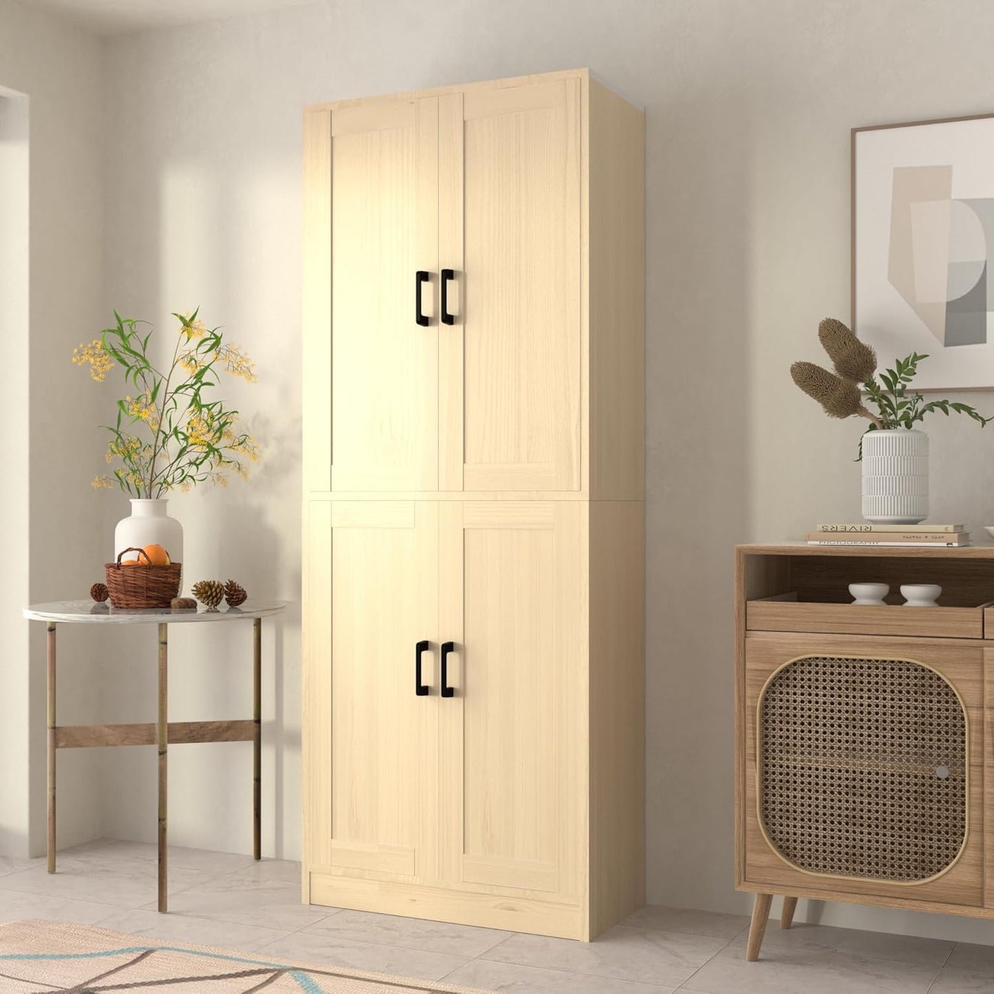 Oak Kitchen Pantry, 71" Tall Cabinet with Doors, Hutch with Storage for Dining Room