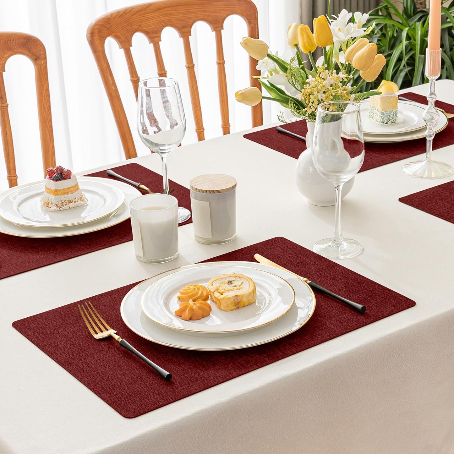 Romanstile Vinyl Placemats Set of 8-12 X 18 Inch - Heat Resistant Place Mats 100% Waterproof Oilproof Wipeable Reversible Faux Leather Table Mats for Kitchen/Dining/Party/Outdoor, Red