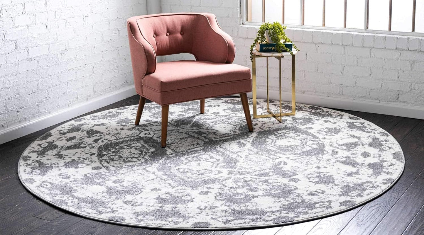 Unique Loom Rosso Collection Vintage, Geometric, Bohemian, Traditional, Distressed, Southwestern Area Rug, Round 3' 3" x 3' 3", Light Gray/Ivory
