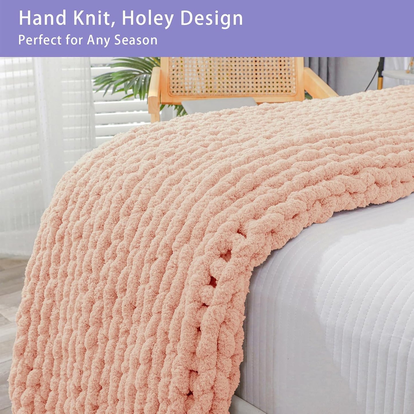 Bigacogo Chunky Knit Throw Blanket for Couch, 40x80 inches, 100% Hand Knitted with Thick Jumbo Chenille Yarn, Cozy Soft Large Rope Knot Cable Crochet Blankets for Sofa Bed Living Room, Peach Fuzz