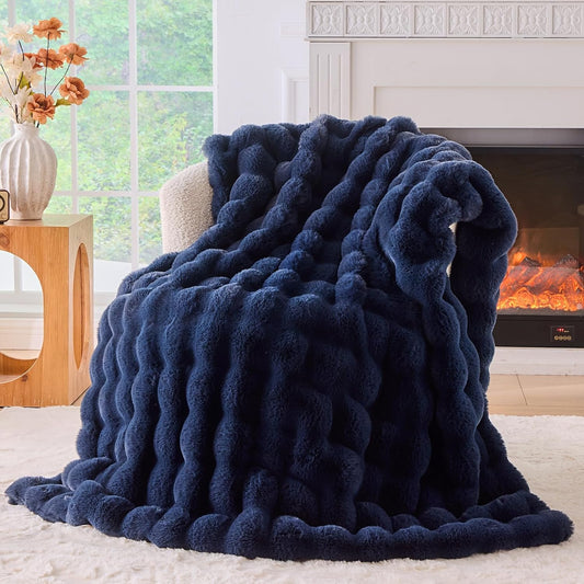 BENVWE Fluffy Faux Fur Throw Blanket for Couch, Soft Plush Thick Cozy Fuzzy Luxury Minky Bubble Blanket for Home Living Room Decor Gift for Women, Navy Blue, 51" x 63", 1100GSM