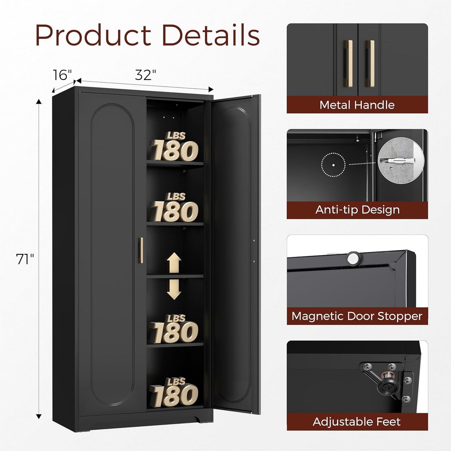 71" Tall Metal Pantry Cabinet with 4 Adjustable Shelves and Gold Handles Heavy-Duty Steel Storage for Kitchen, Dining Room or Office