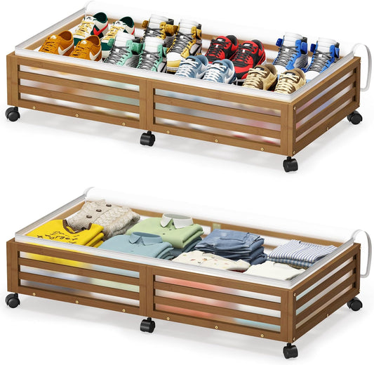 Under Bed Storage Containers With Wheels - 2 Pcs Large Bamboo Wood Rolling Underbed Shoe Storage Bins With Dust Bags for Clothes Blankets, Duvet Covers Snacks Toys (Walnut)