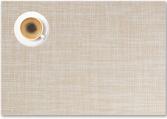 Placemats Set of 12 - Easy Clean Woven Vinyl Placemat for Dining Table, Indoor/Outdoor Place Mats, Washable PVC Table Mats（Beige）
