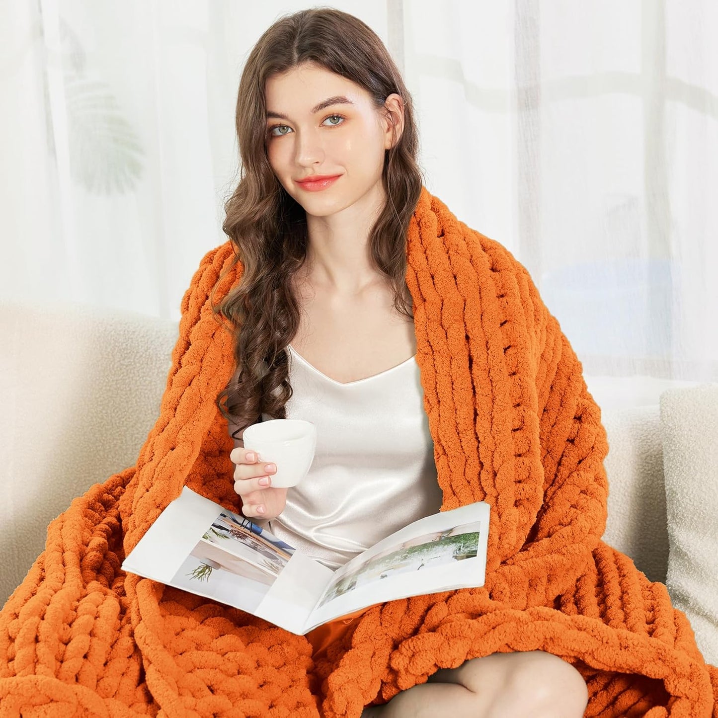 Admitrack Chunky Knit Blanket Throw, 100% Hand Knit Chenille Throw Blanket for Sofa & Home Decor, Soft and Cozy Knitted Throw Blankets (Orange, 51"x63")