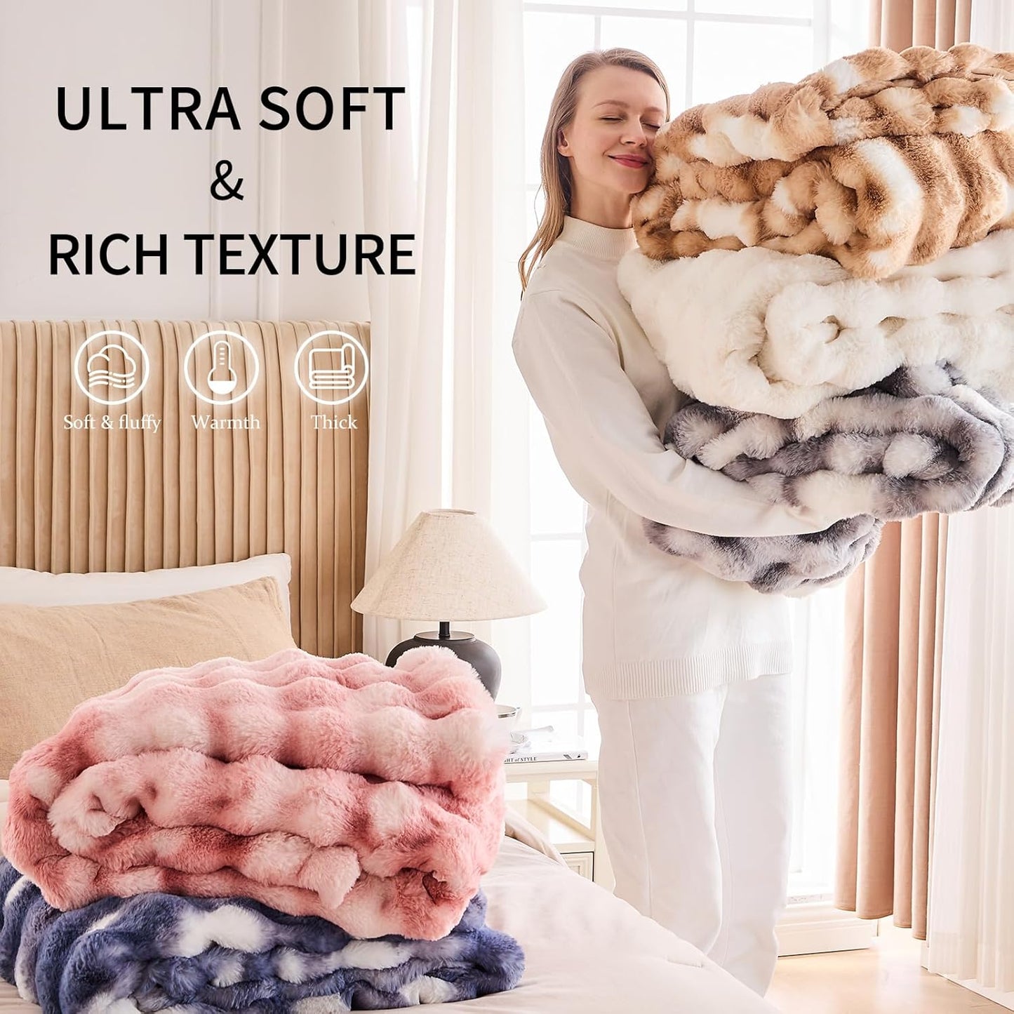 Cozy Faux Fur Throw Blanket for Bed Warm Fuzzy Throw Blanket, Soft Plush Thick Bubble Blankets for Bedroom and Living Room, Furry Luxury Blanket, 60 x 80, Tie-Dye Brown