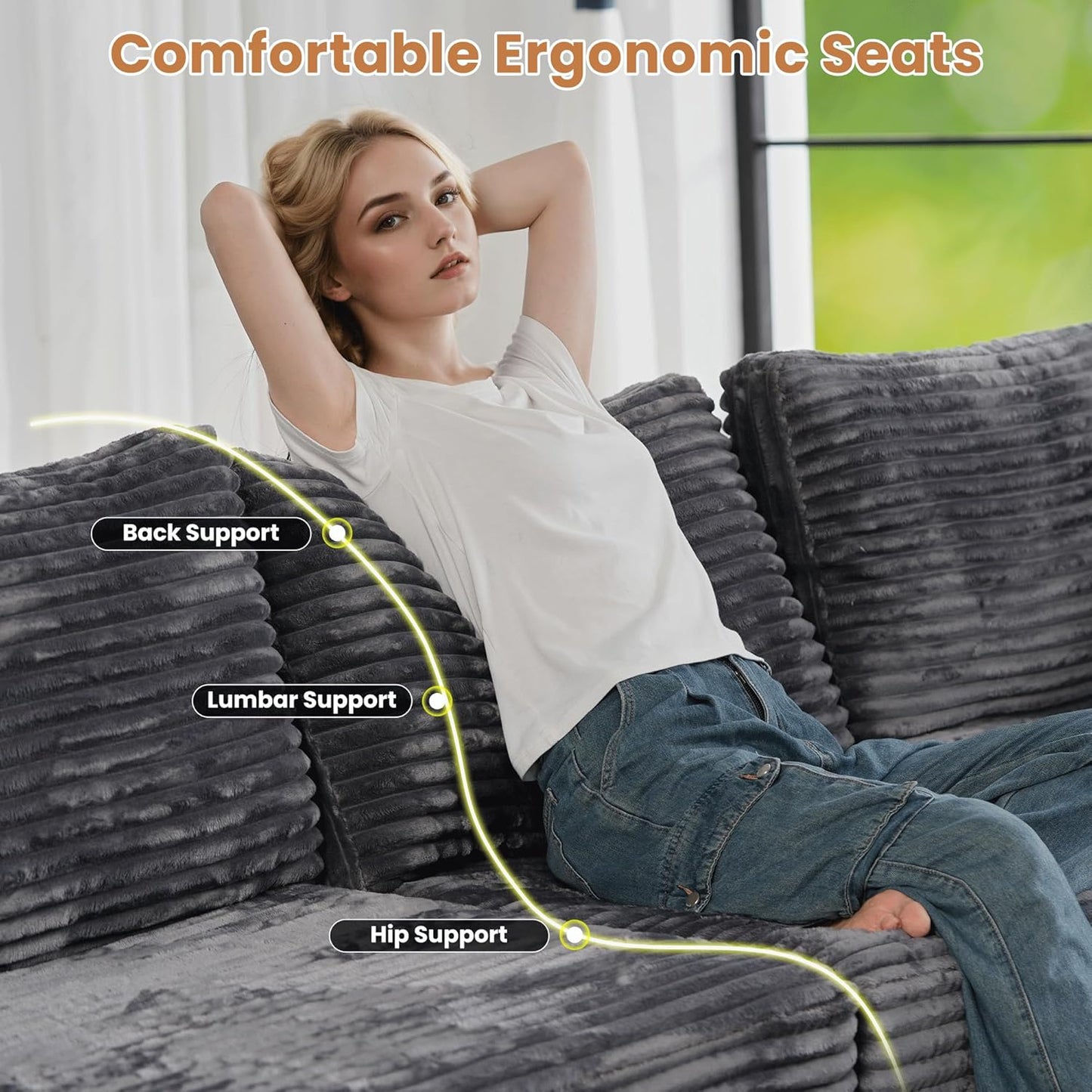ovios Sectional Sofa Couch with U-Shape Chaise Oversized, Comfy Modular Cloud Couches with Deep Seat, Modern Upholstered Plush Corduroy Sofas Set for Living Room, 7-Seater, Grey