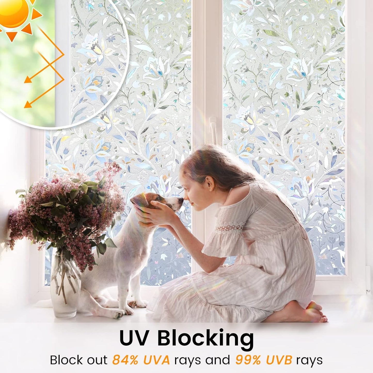 DOWELL Window Privacy Film, 3D Stained Glass Rainbow Films, Decorative Window Vinyl Sun Blocker Door Covering, Static Cling Non-Adhesive Glass Sticker for Home, Blooming Flowers, 17.5"x118.1"