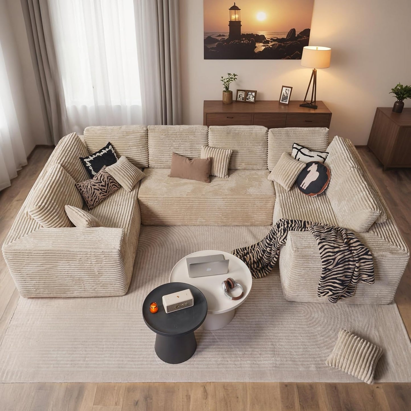 HOOOWOOO Cloud Sectional Couches for Living Room,Modular Sectional Sofa No Assembly,136X70 Inch Plush Corduroy Large U Shaped Floor Couch Set with Deep Seat(Beige)