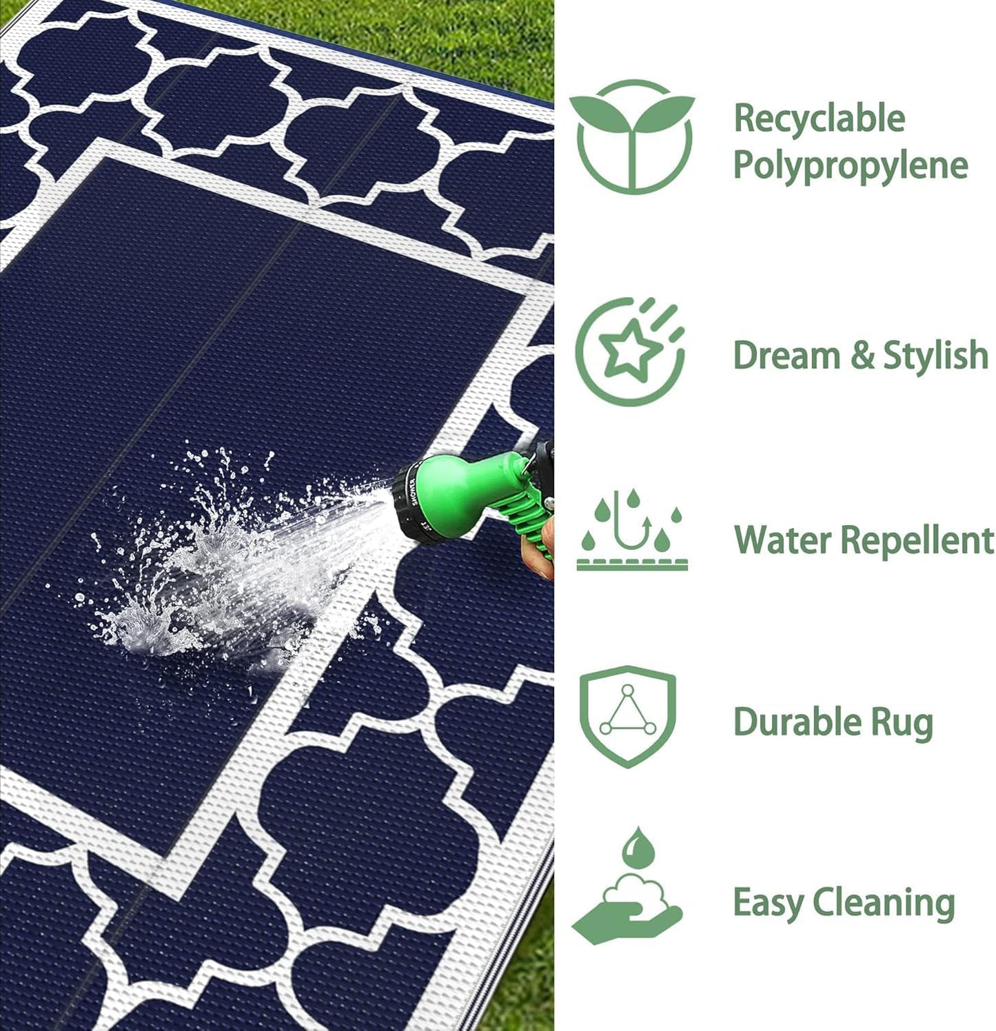 GENIMO Outdoor Rug Waterproof for Patio Decor, 8'x10' Reversible Plastic Straw Rug Carpet, Camping Mats for Outdoor, RV, Backyard, Deck, Balcony, Picnic, Blue & White
