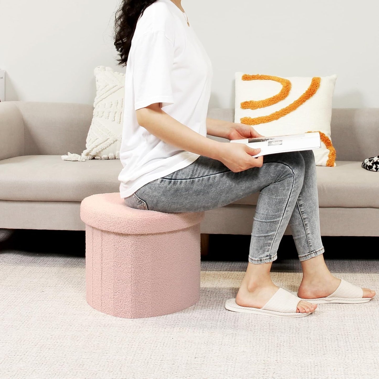 B FSOBEIIALEO Storage Ottoman Cube, Heart Shaped Ottomans with Storage Foot Stool Footrest for Lving Room, Boucle Ottoman Seat for Dorm Room,Faux Teddy Fur, Pink 15"x15"x15"