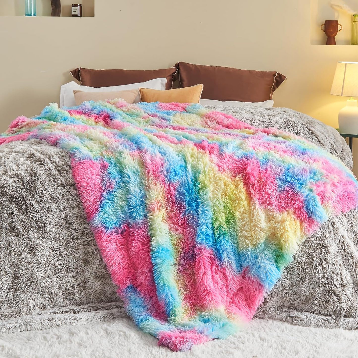 GONAAP Fuzzy Faux Fur Throw Blanket Queen Size Dark Rainbow Super Soft Cozy Plush Fuzzy Shaggy Blanket for Couch Sofa Bed (Dark Rainbow, Queen(90"x90"))