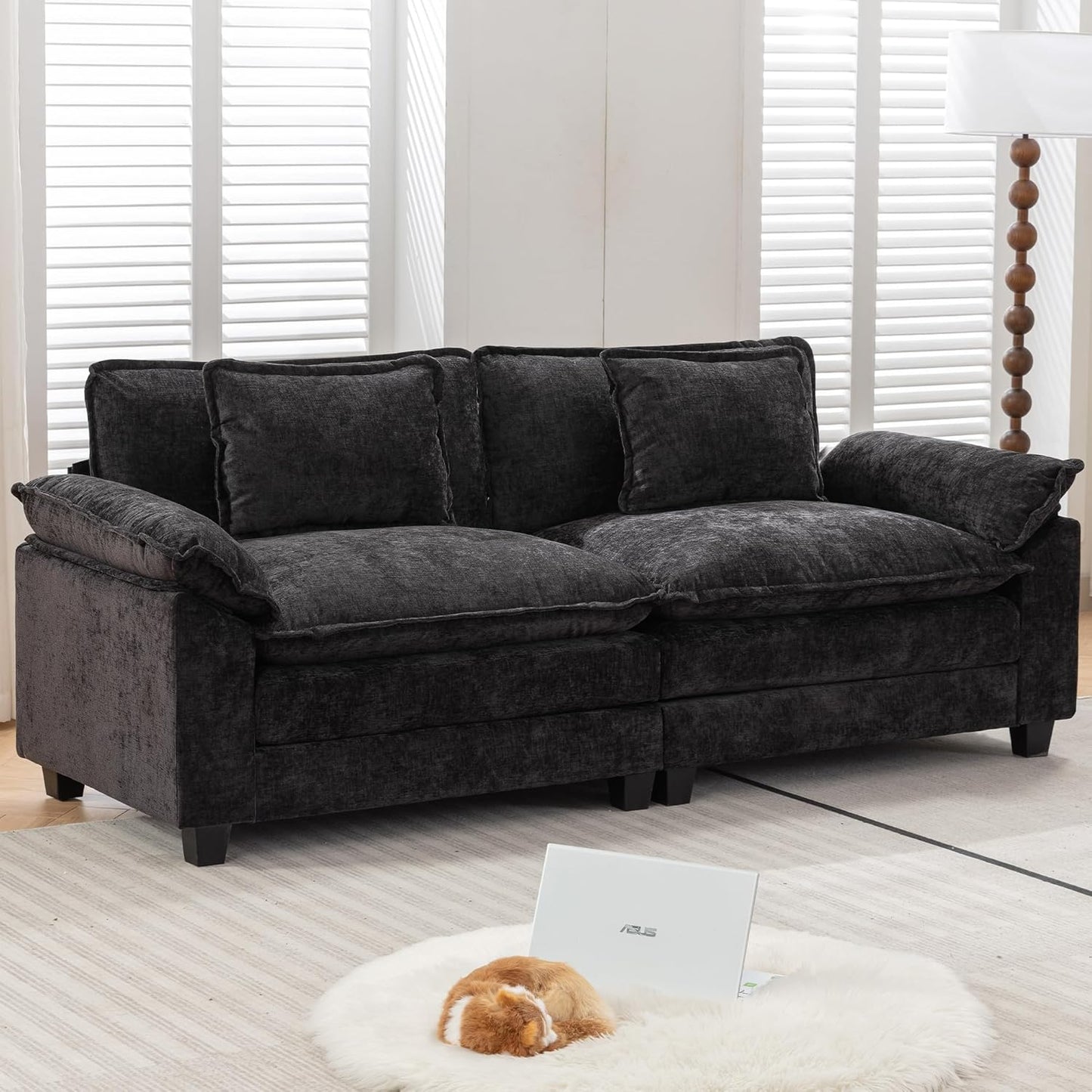 URRED Modular Sectional Sofa Comfy Cloud Couch, Modern Chenille Sofa Sleeper Deep Seat Couches with Ottoman/Pillows for Living Room (Black, 82.6'')