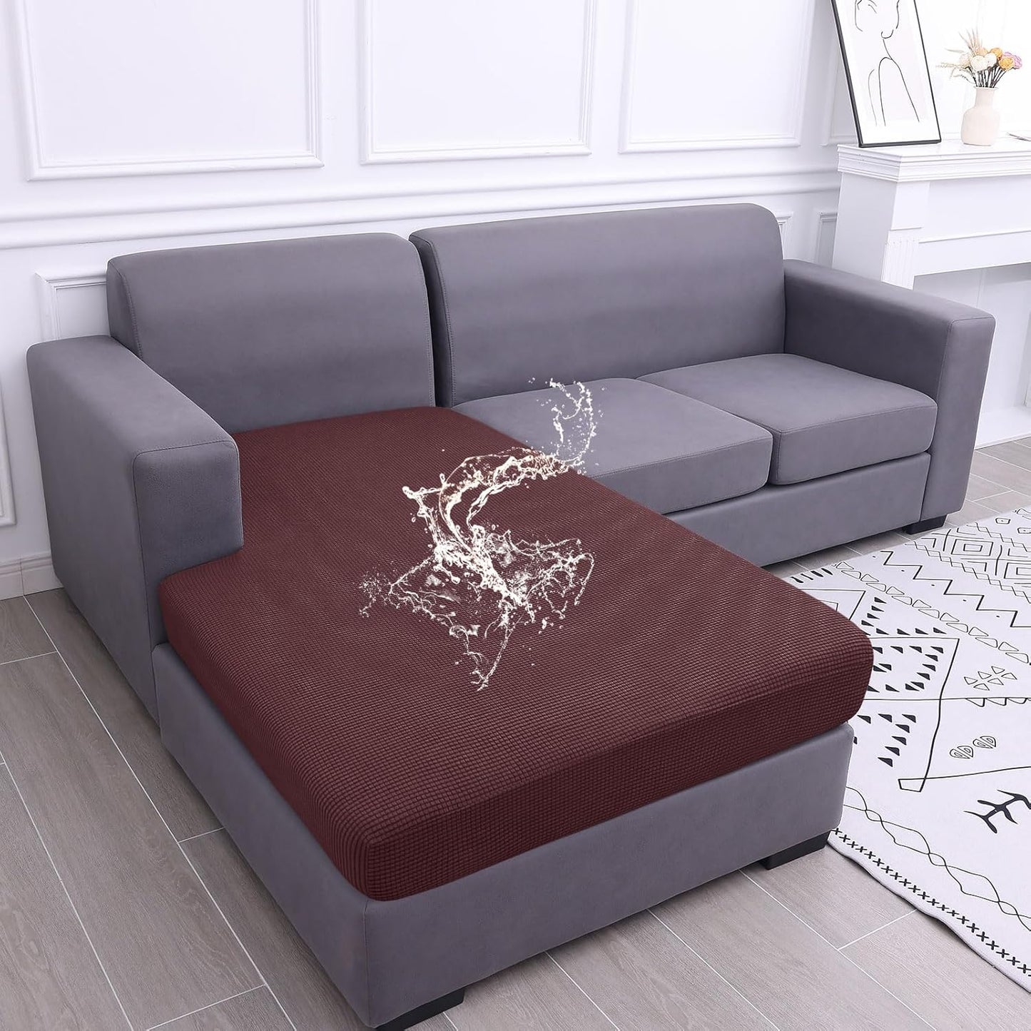 hyha Waterproof Sectional Couch Covers, Non Slip Sofa Couch Cushion Covers L Shape, Thick Stretch Jacquard Fabric, Washable Sofa Slipcovers with Elastic Bottom (1 Piece for Chaise, Chocolate)