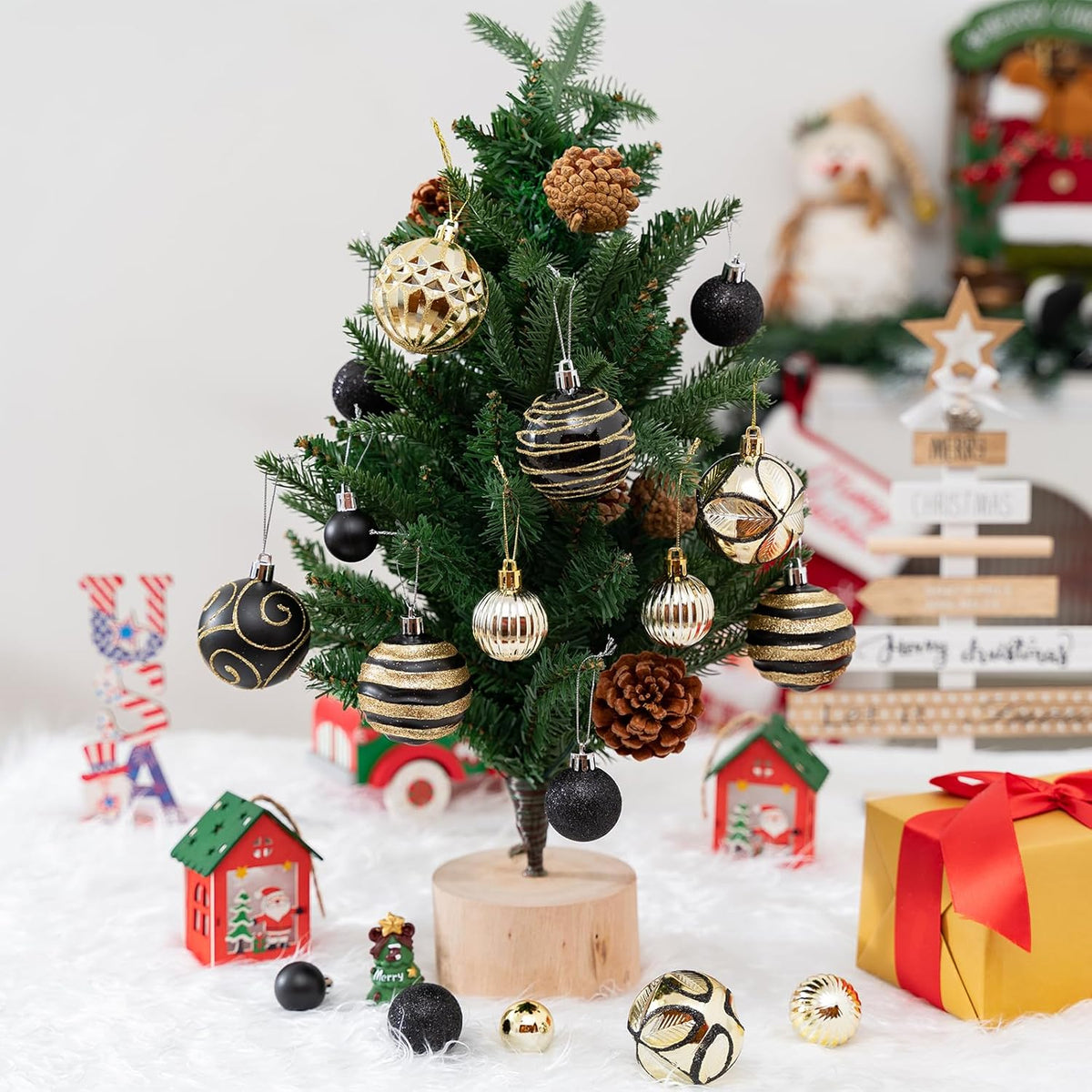 100Pcs Christmas Balls Ornaments Set, Shatterproof Christmas Decorations with Hand-held Gift Package for Xmas Tree/Holiday/Wedding/Holiday/Party Decor (Black & Gold)