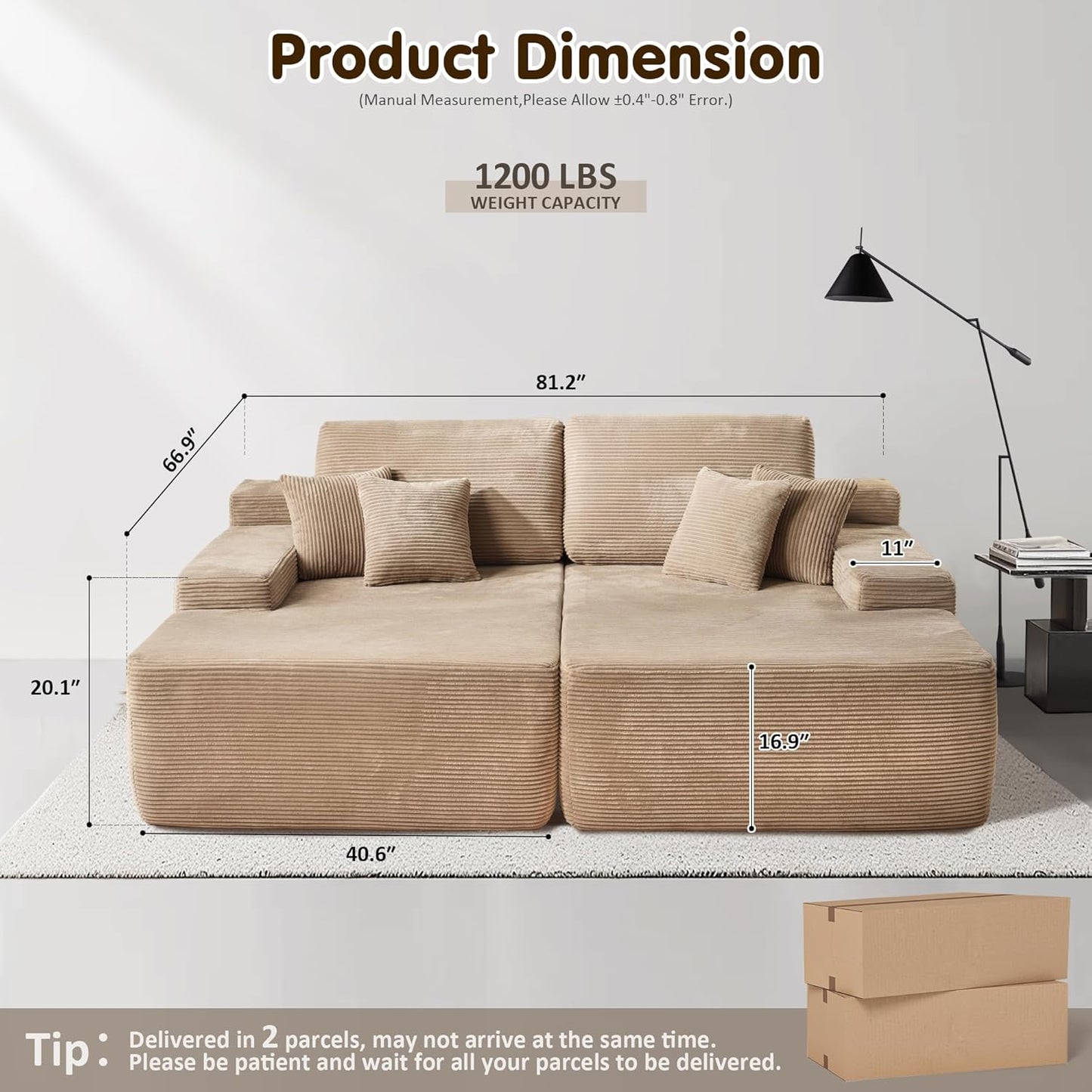 ovios 81" Oversized Sectional Double Lounge Chaise with Cloud Plush Sofa Bed, No Assembly Required, Fluffy Modern Sleeper Loveseat Chair for Indoor Living Room Bedroom Reading, Camel (Corduroy Fabric)