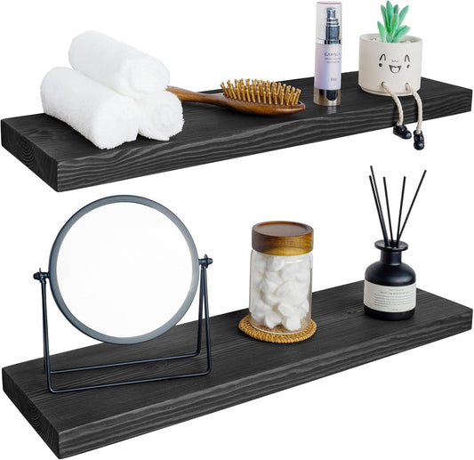BGMG Wood Floating Shelves for Wall 30 inch Set of 2,Black Floating Shelves,Solid Wood Wall Mount Shelves for Bathroom Living Room Bedroom Kitchen Farmhouse -30x 6.7 x1.25 inch