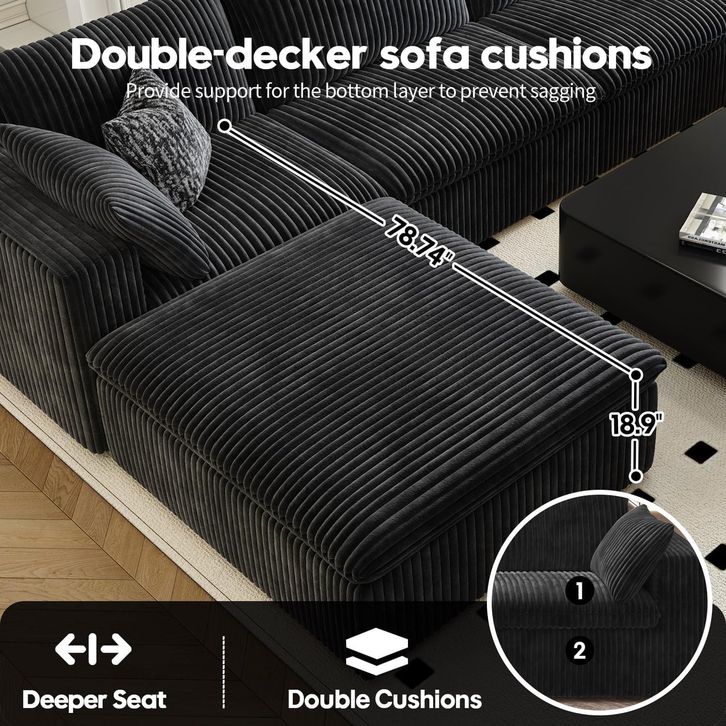 118" Cloud Couch Modular Sectional Sofa for Living Room,Modern Sofa with Deep Seat，L-Shape Boneless Couch with Ottoman,Comfy Upholstered Corduroy Couches for Apartment, Studio, Office,Bedroom，Black
