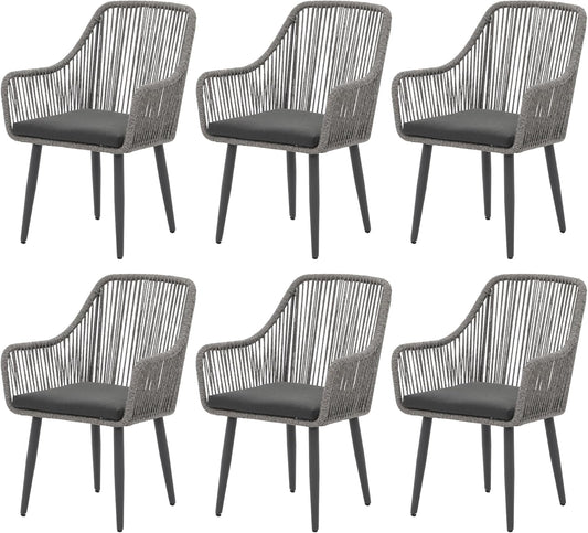 Patiorama Outdoor Dining Chairs, Patio Dining Chair Set of 6, All-Weather Woven Rope Rattan Chairs, Outdoor Dining Wicker Chairs with Armrests for Indoor Balcony Pool Backyard(Gray)