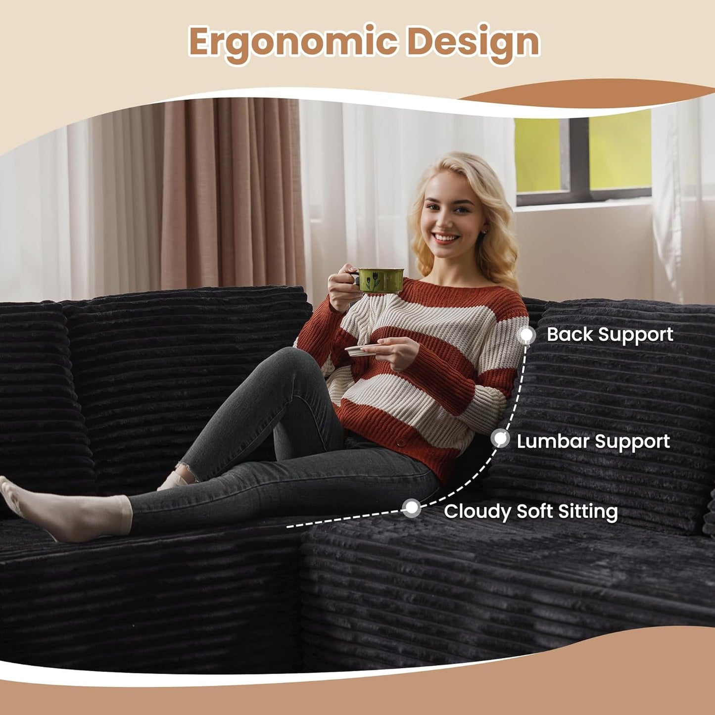 HOOOWOOO Cloud Sectional Couches for Living Room,Modular Sectional Sofa No Assembly,Plush Corduroy Large Floor Couch Furniture Set with Deep Seat Double Chaise and Singlar Lounge(Black)