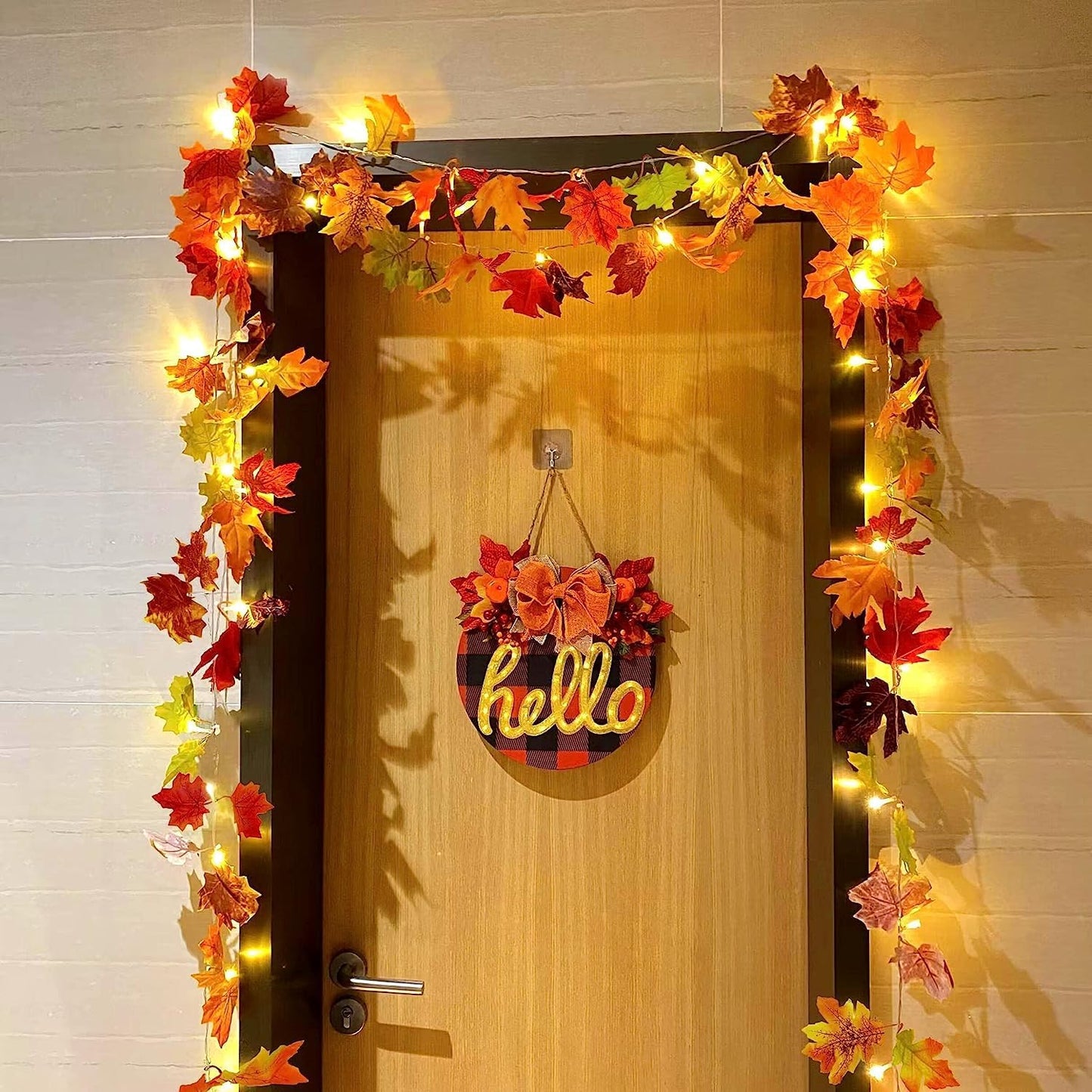 Ouddy Decor 2 Pack Fall Garland with Lights Decorations Maple Leaves Fall Lights Total 20 Ft 60 Led Mixed Color Battery Operated for Indoor Outdoor Autumn Harvest Thanksgiving Halloween Fall Decor
