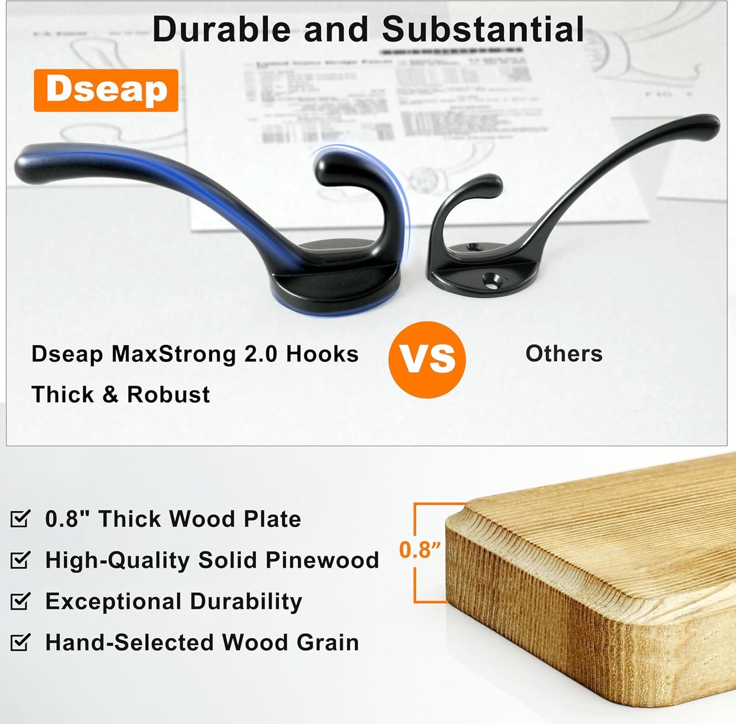 Dseap Coat Rack Wall: 38-1/4" Long, Patented, Heavy-Duty, 10-Double-Hooks Wooden Wall Mounted Coat Rack Coat Hanger Hook Rail for Winter Coats Hat Jacket Clothing, Weathered Brown, Pack of 2