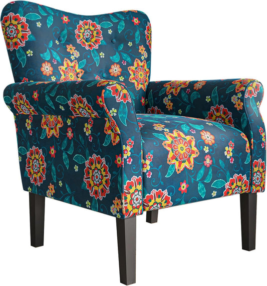 BELLEZE Modern Accent Chair for Living Room, High Back Linen Armchair with Wooden Legs, Upholstered Wingback Side Chair Padded Armrest Single Sofa for Living Room, Bedroom - Allston (Blue & Flower)