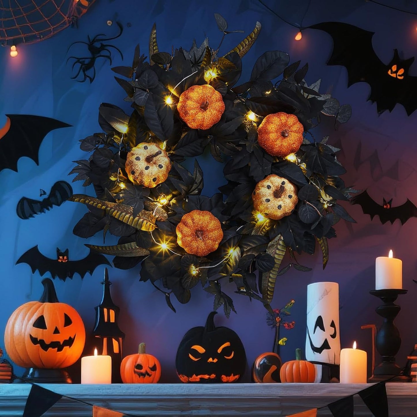 GarveeHome Halloween Wreath for Front Door, 18 Inch Fall Wreath with Pumpkins and Maple Leaves for Indoor Outdoor Wall Window Porch Patio Garden Farmhouse Home Party Prom Decoration