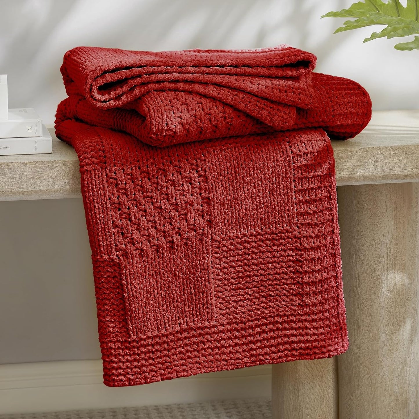 Amélie Home Chenille Knit Throw Blanket for Couch, Checkered Texture Decorative Soft Blanket for Sofa, Bed & Living Room, 50"x60", Red