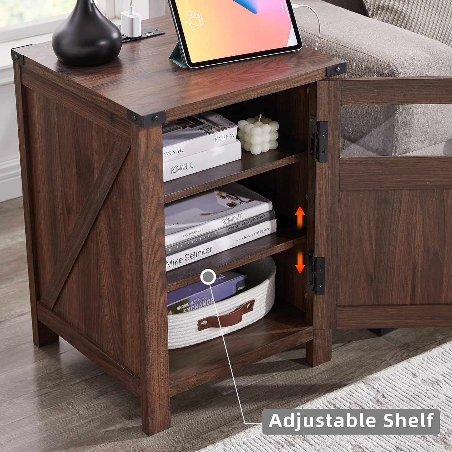JXQTLINGMU Farmhouse End Table with Charging Station, 18'' Rustic Nightstand with Barn Door & Adjustable Shelf, Wooden Sofa Side Table with 3-Tier Storage for Living Room, Bedroom, Brown