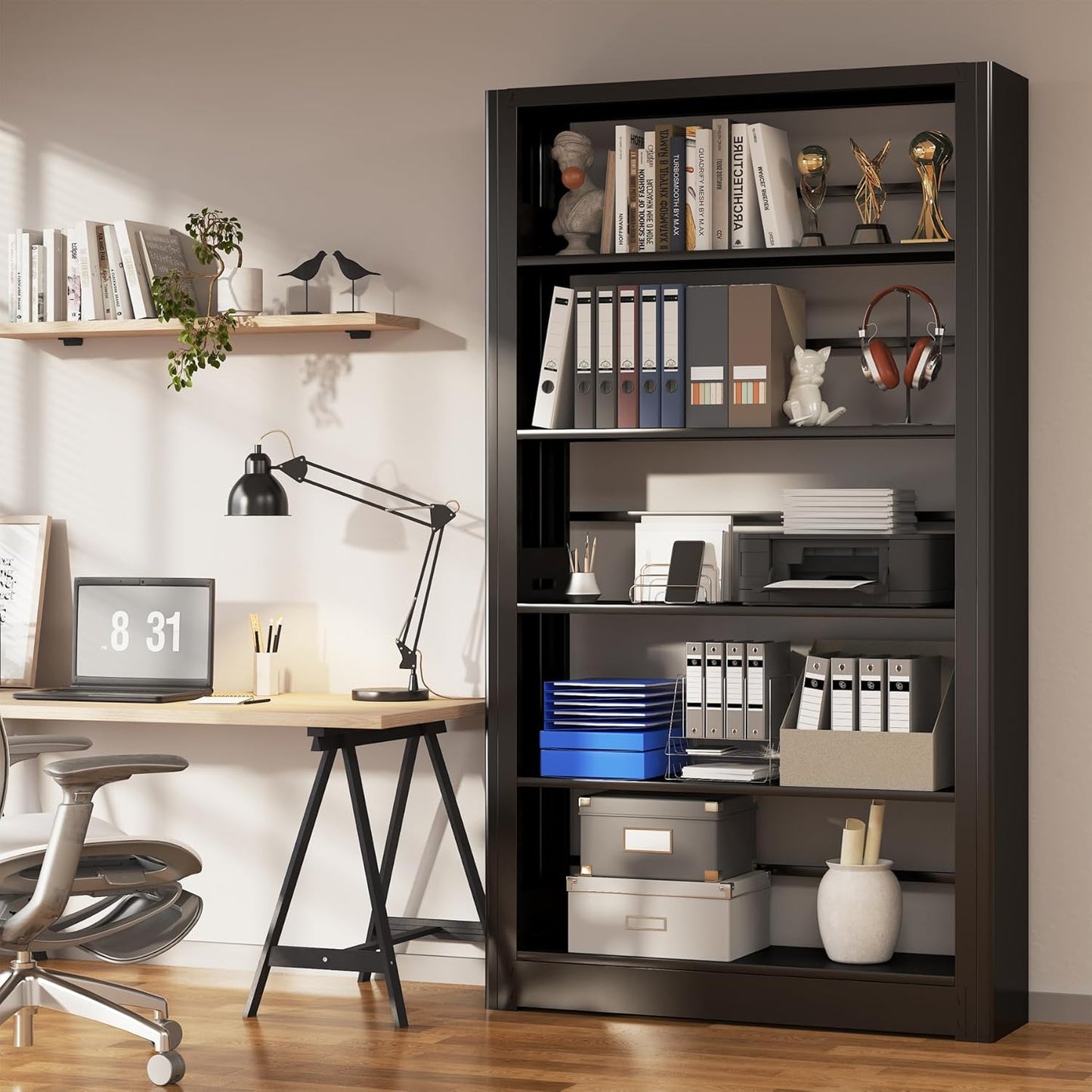 Large Metal Bookcase, 69” Modular Bookshelf with Storage, 5 Tier Bookcase with Adjustable Shelves, Extra Tall Book Shelves, Modern Book Case for Library, Office, Entryway, Living Room（Black）