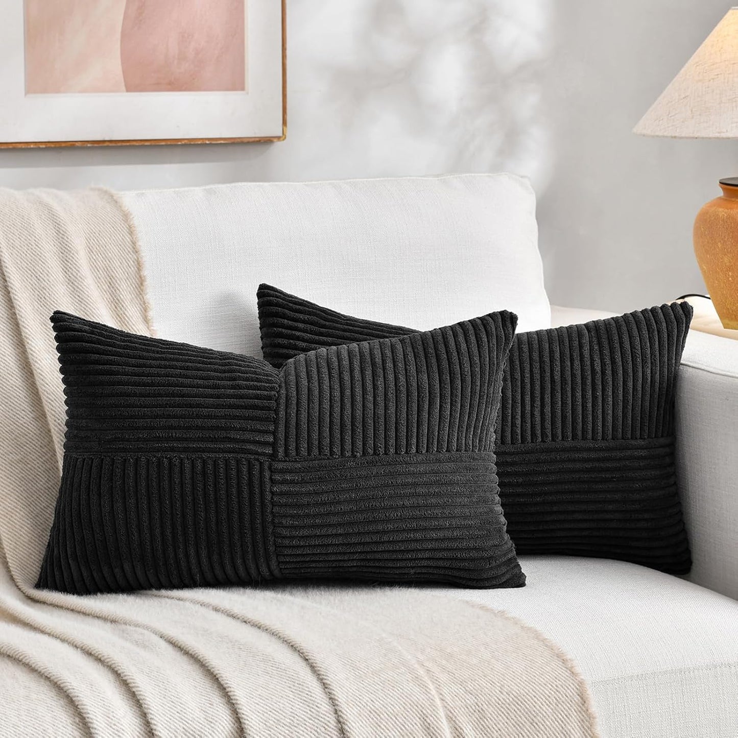 Fancy Homi 2 Packs Black Lumbar Decorative Throw Pillow Covers 12x20 Inch for Living Room Couch Bed Sofa, Rustic Farmhouse Boho Home Decor, Soft Striped Corduroy Rectangle Accent Cushion Case 30x50 cm