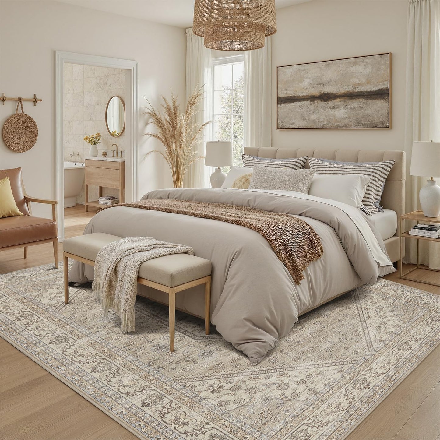 DCX Machine Washable Brown and Beige Area Rug 5x7, Non Slip Stain Resistant Vintage Floral Rug for Living Room Bedroom Nursery, Soft Low Pile Large Carpet