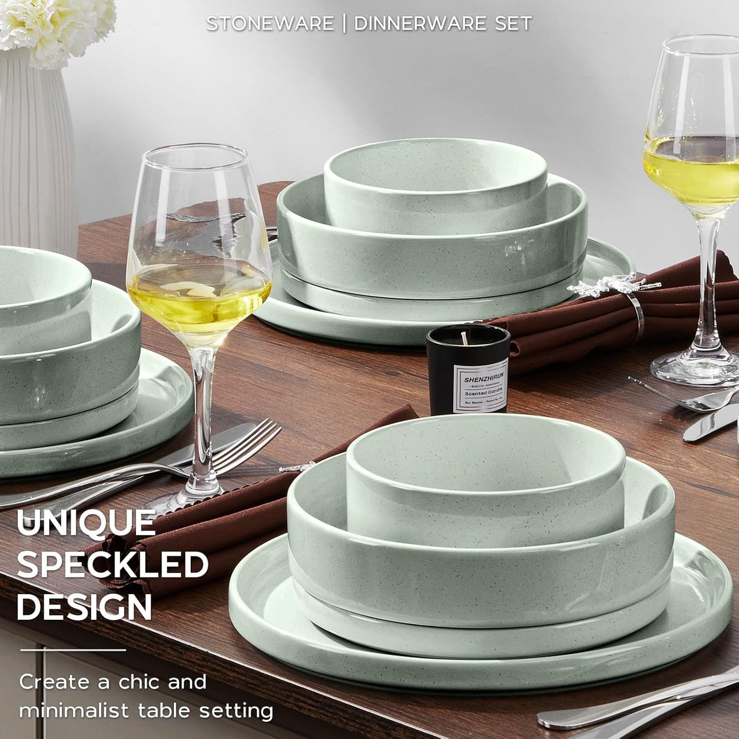 Onader Stoneware Dinnerware Sets for 6 with Double Bowl, 24 Piece Plates and Bowls Dish Dinner Set, Speckled Kitchen Dishware Tableware – Pale Sage Green
