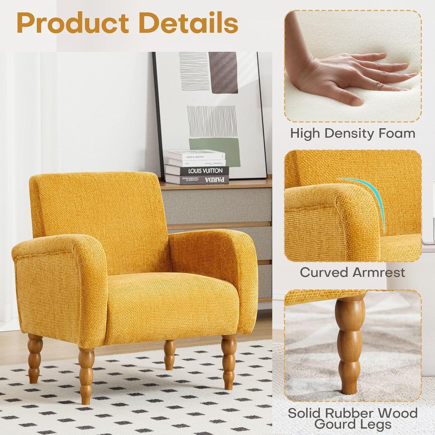 Chenille Fabric Accent Chair, Upholstered Armchair with Solid Wood Legs, Modern Living Room Accent Chair, Comfy Single Sofa Chair Reading Club Chair for Bedroom Reception Lounge, Yellow