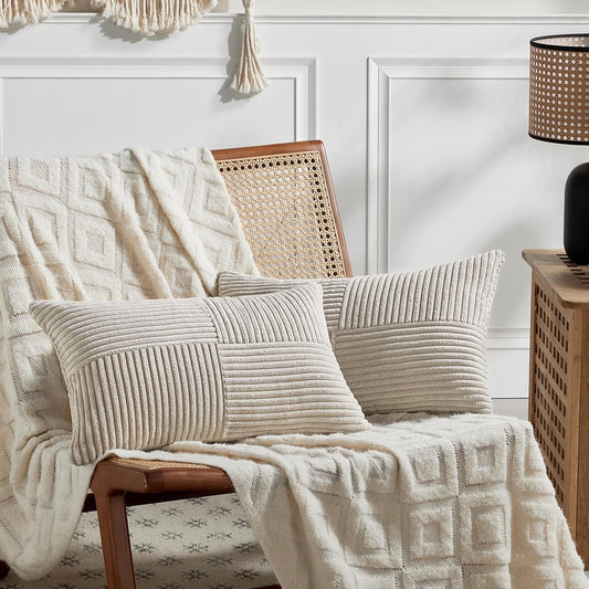 Fancy Homi 2 Packs Neutral Taupe Long Lumbar Decorative Throw Pillow Covers 16x24 Inch for Couch Bed, Rustic Farmhouse Boho Home Decor, Soft Striped Corduroy Rectangle Accent Cushion Case 40x60 cm