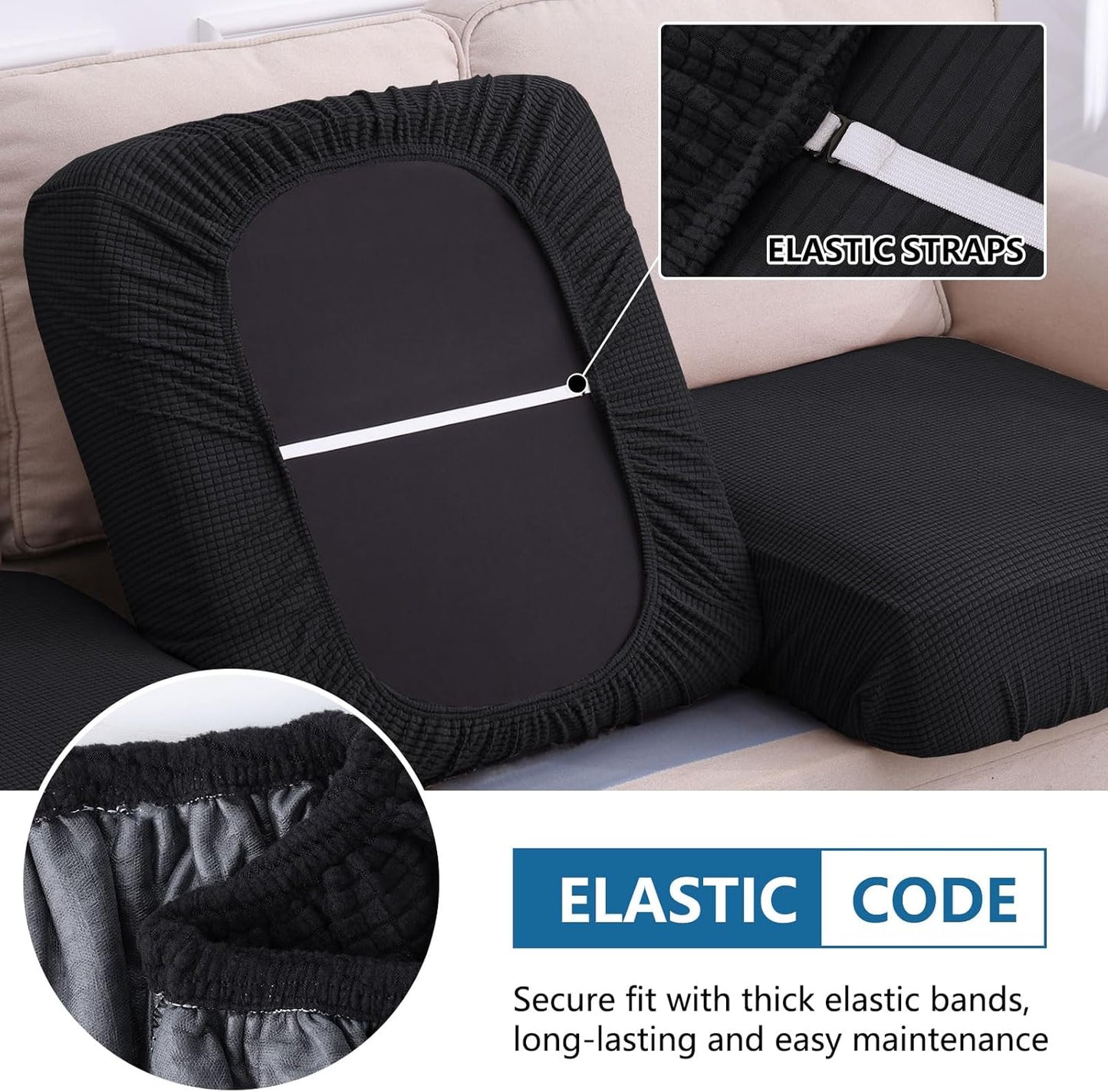 hyha Waterproof Couch Cushion Covers for Pets, Non Slip Sofa Seat Cover for Dogs Washable, Soft Thick Stretch Jacquard Fabric, Sofa Slipcovers with Elastic Bottom (1 Piece for Backrest L, Black)