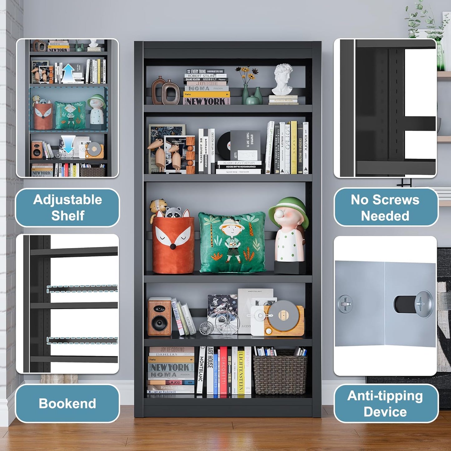 Bookcase, 5-Shelf Industrial Bookshelf, Large Storage Space, Adjustable Bookshelves, Perfect for Living Room, Home Office, Garage, Ideal for Home Office Upgrade