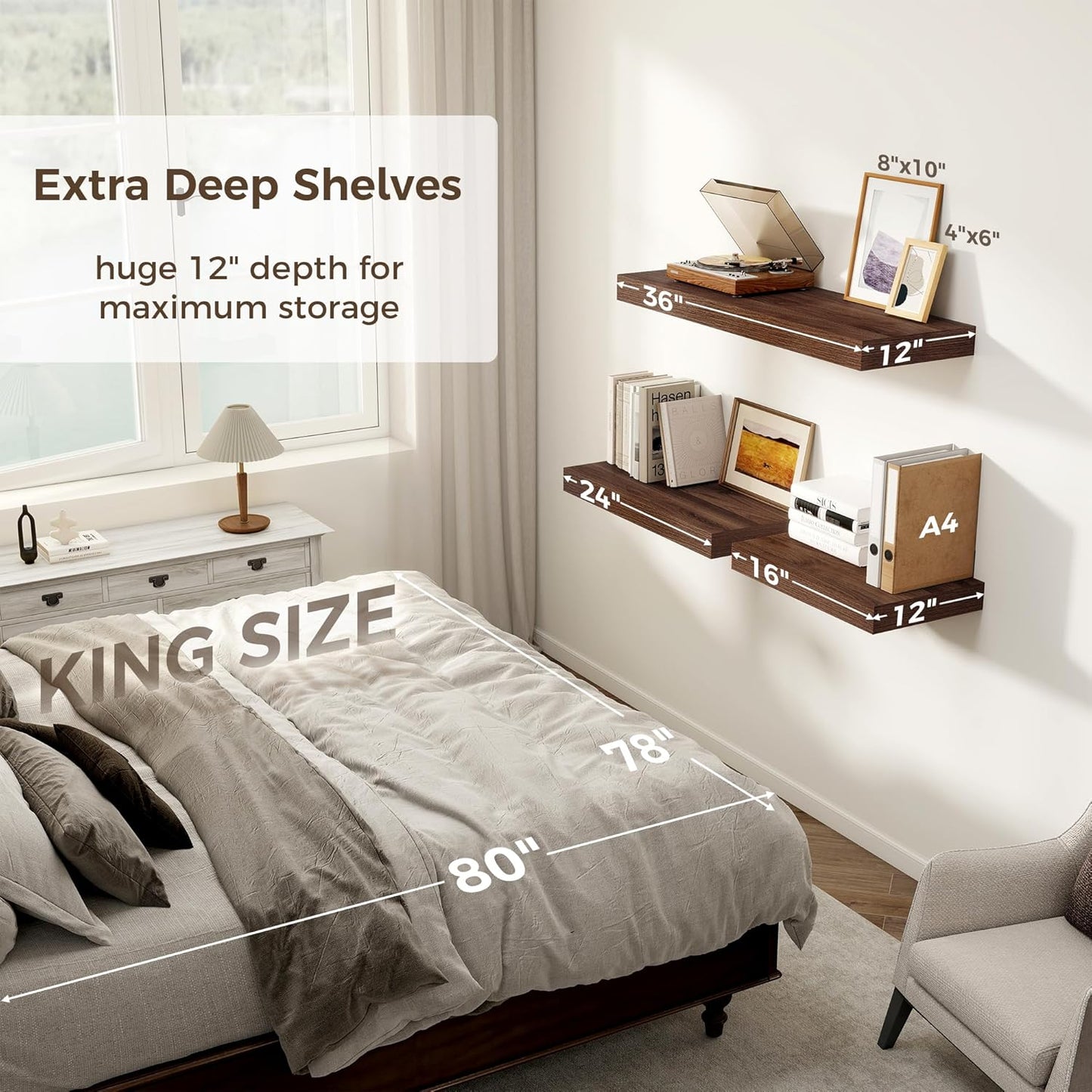 Floating Shelves 36 Inch Long, 12 Inch Deep Floating Shelves for Wall, 36 x 12 Shelves for Wall Storage & Display, 2" Thick Floating Shelf for Bathroom, Living Room, Bedroom, Walnut Color, Set of 1