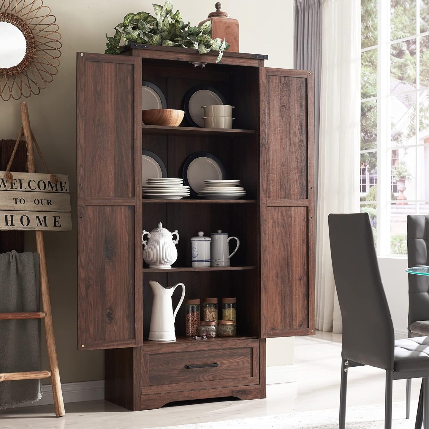 JXQTLINGMU Farmhouse Kitchen Pantry Cabinet - 72" Tall Wood Kitchen Storage Cabinets with Adjustable Shelves & 2 Barn Doors & Drawer, Versatile Storage for Dining Room, Bathroom, Rustic Brown