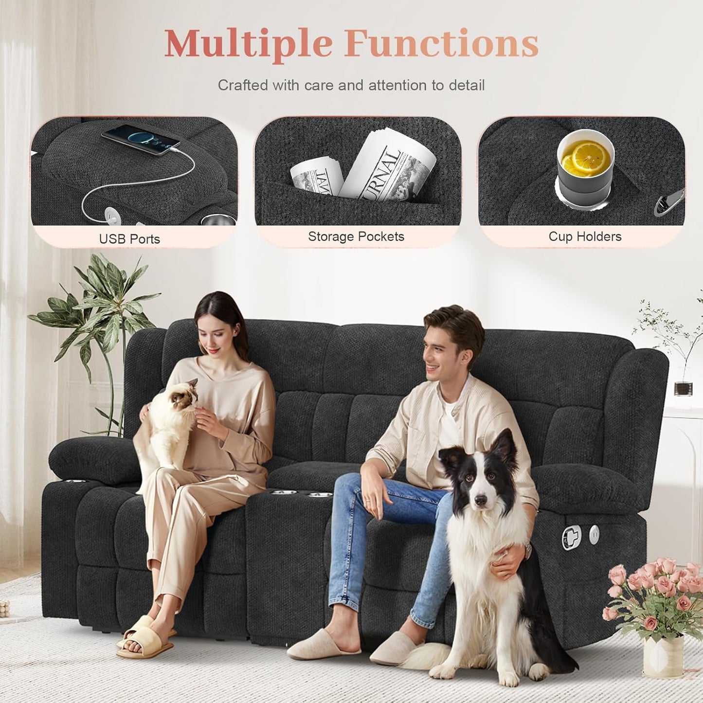 Recliner Sofa Set with 2+1+1 Pieces, Fabric Manual Pull Tab Reclining Loveseat with Storage Console, Single Recliner Chair for Living Room, RV, Grey