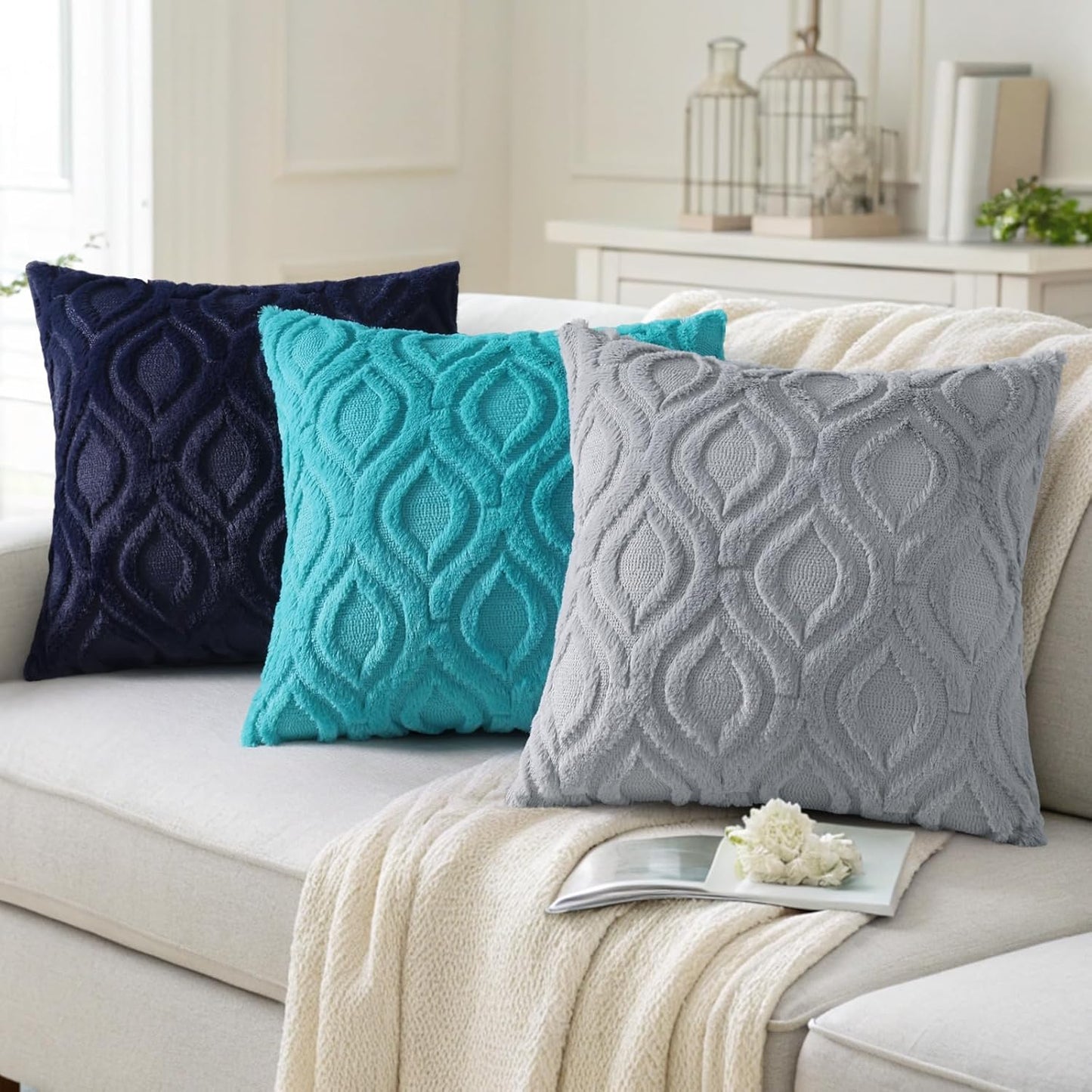decorUhome Fall Throw Pillow Covers 26x26 Inch Set of 2, Soft Plush Decorative Faux Fur Blue Grey Solid Couch Pillow Covers, Accent Farmhouse Neutral Square Euro Pillow Cases for Sofa Bed Living Room