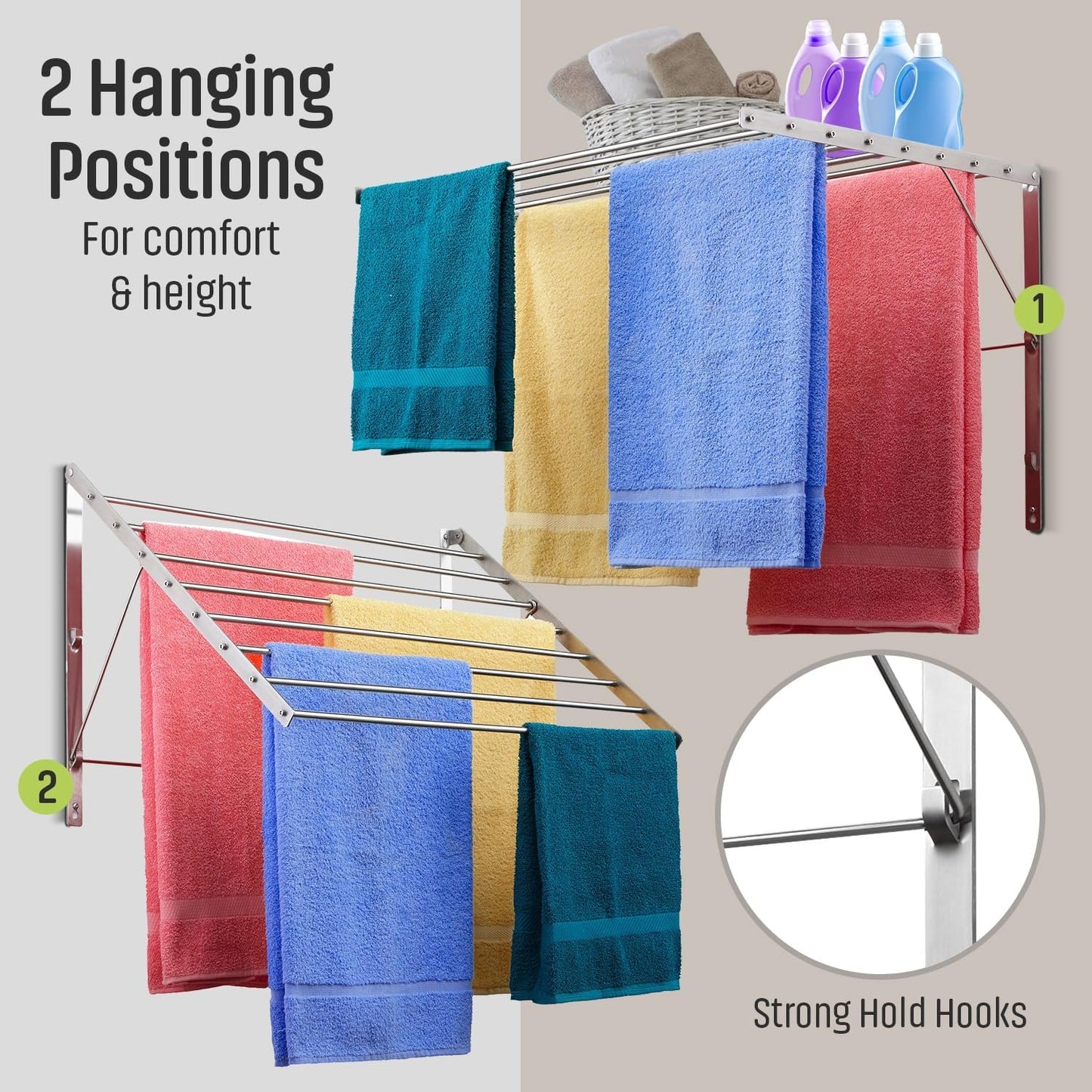 Smartsome | Wall Mounted | Clothes Drying Rack | 30" Wide | 20 Linear Feet Capacity | 8 Smooth Round Stainless Steel Rods | 60 lb Capacity | Fully Assembled | Compact Sturdy Space-Saving Design