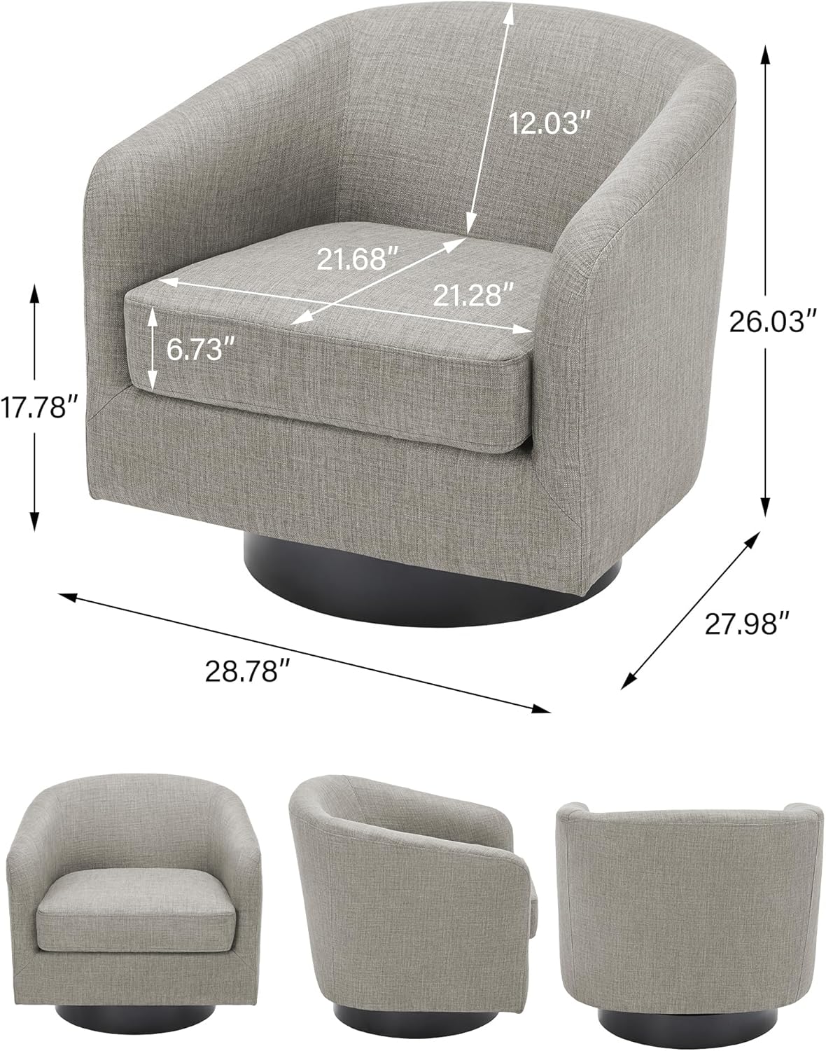 Swivel Barrel Accent Chair Set of 2, Modern Round Linen Arm Chair for Living Room, Bedroom, Comfy Club Reading Chairs for Adults, Linen Fabric-Khaki, 2 SEAT