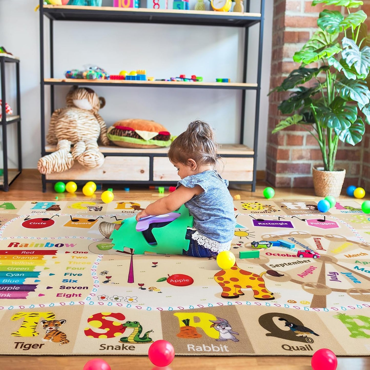 7x10 Playroom Rugs for Kids Washable, Educational and Fun Playmat with ABC Alphabet Animals Shapes Colors, Non-Slip Play Mat Learning Rug for Baby Toddler Children Game Activity，Beige, Pink