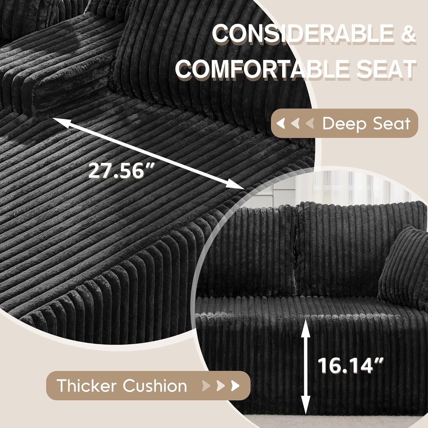 Hobestluk Modular Sectional Sofa Couches 108" L-Shape Couch 3 Seat Modular Sofa Memory Foam Sectional Couches for Living Room, Boneless Couch with Oversized Chaise (Black, Left Facing)