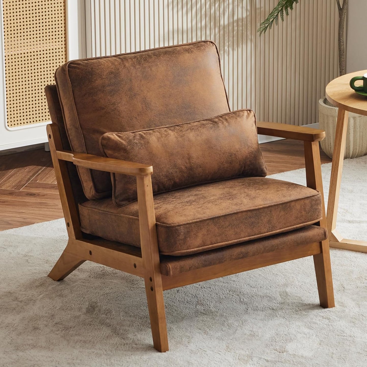 Karl home Accent Chair Wide Armrest Mid-Century Lounge Chair Bronzing Cloth Armchair with Lumbar Pillow & Solid Wood Frame for Living Room, Bedroom, Balcony, Brown