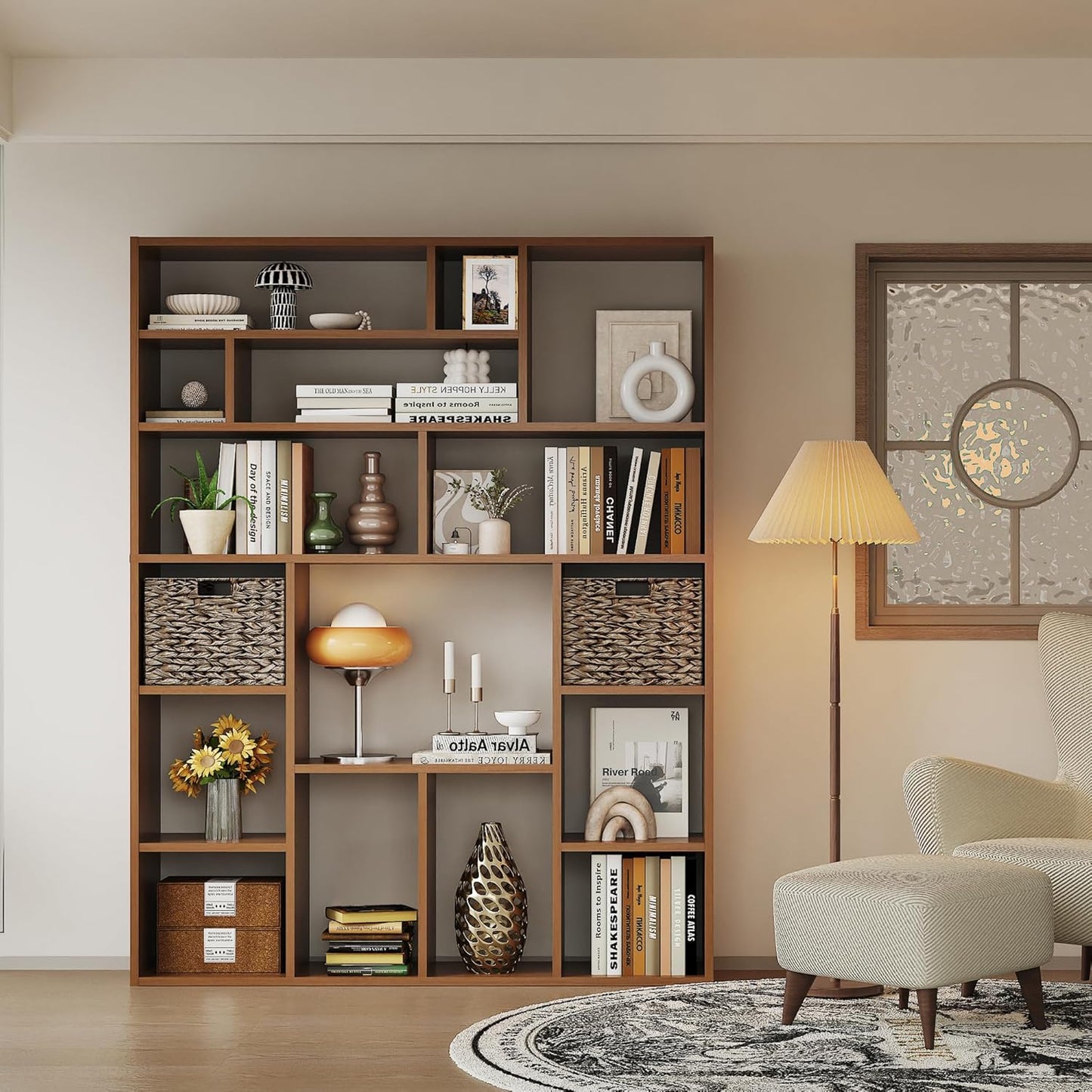 6-Tier Large Open Bookcase 71” Tall Sturdy Wooden Bookshelf with Baskets,Modern Style 16-Cube Home Display Shelf for Bedroom, Living Room（Oak Color）