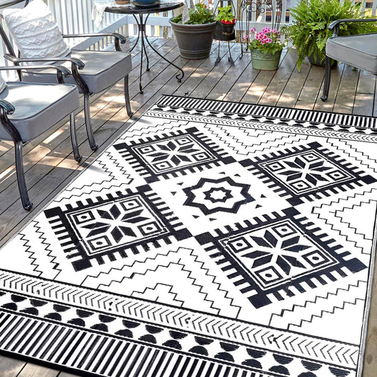 Waterproof Outdoor Rug 8x10ft, Boho Reversible Plastic Straw Mat for Patio RV Deck Porch Backyard Balcony Camping Picnic Beach Indoor Outdoor Carpet, Black&White