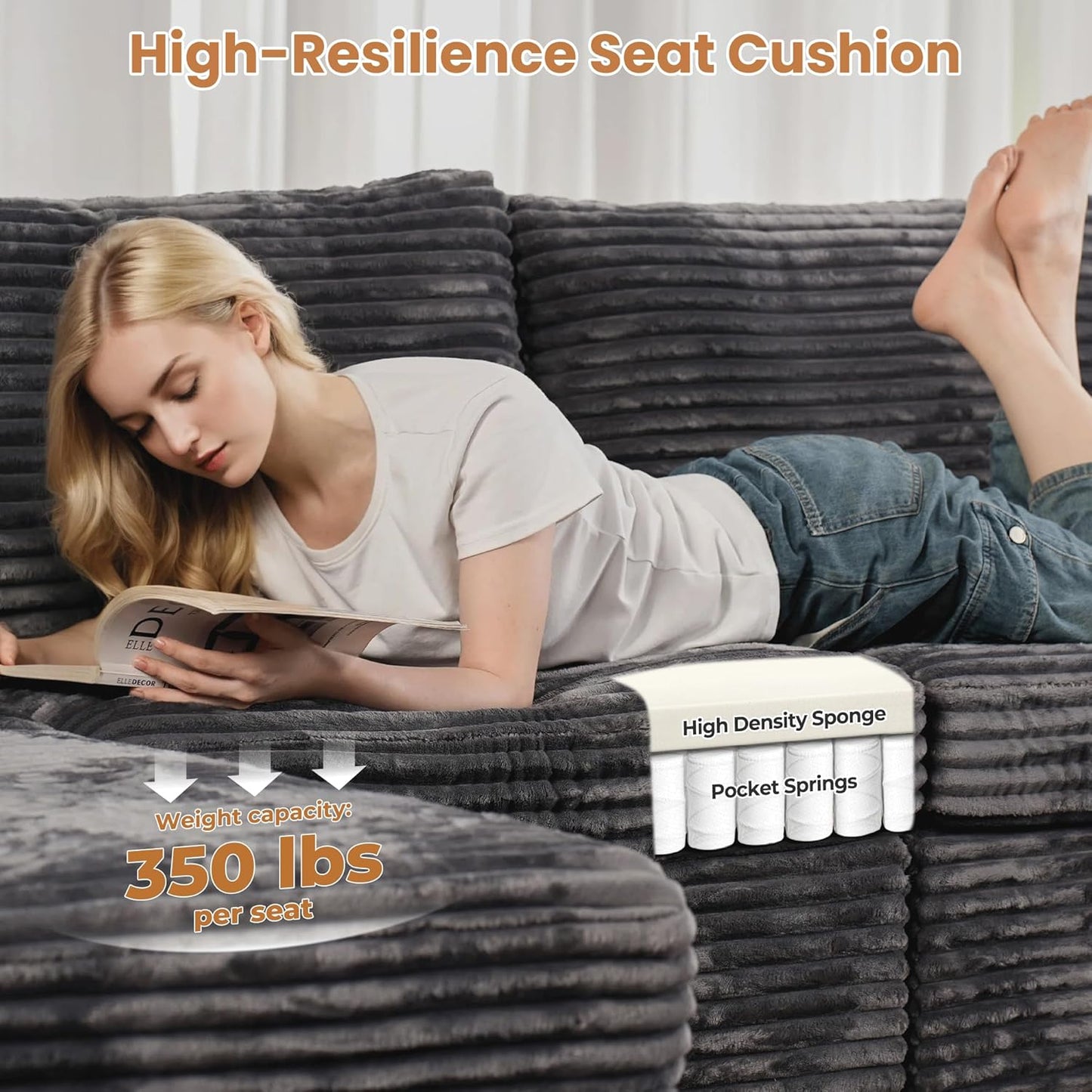 ovios Sectional Sofa Couch with U-Shape Chaise Oversized, Comfy Modular Cloud Couches with Deep Seat, Modern Upholstered Plush Corduroy Sofas Set for Living Room, 7-Seater, Grey